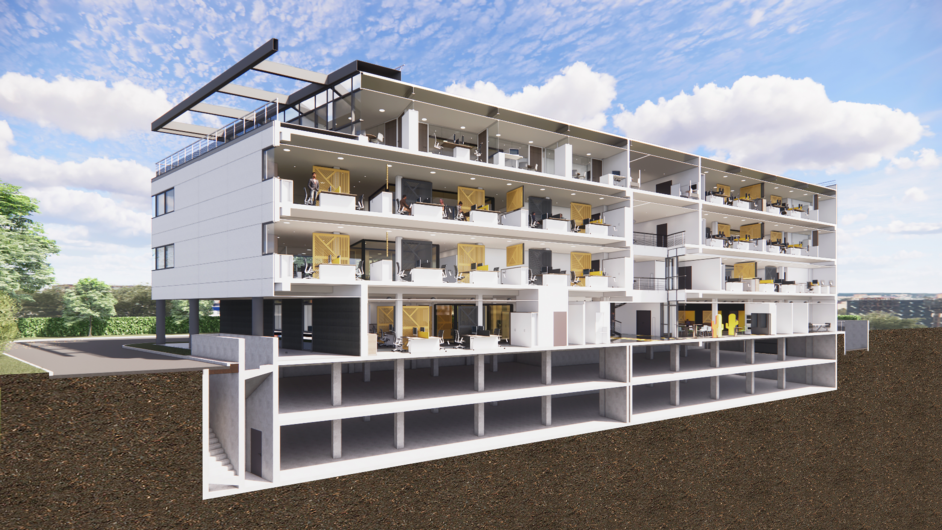 Coupe immeuble de bureaux — rendu 3D