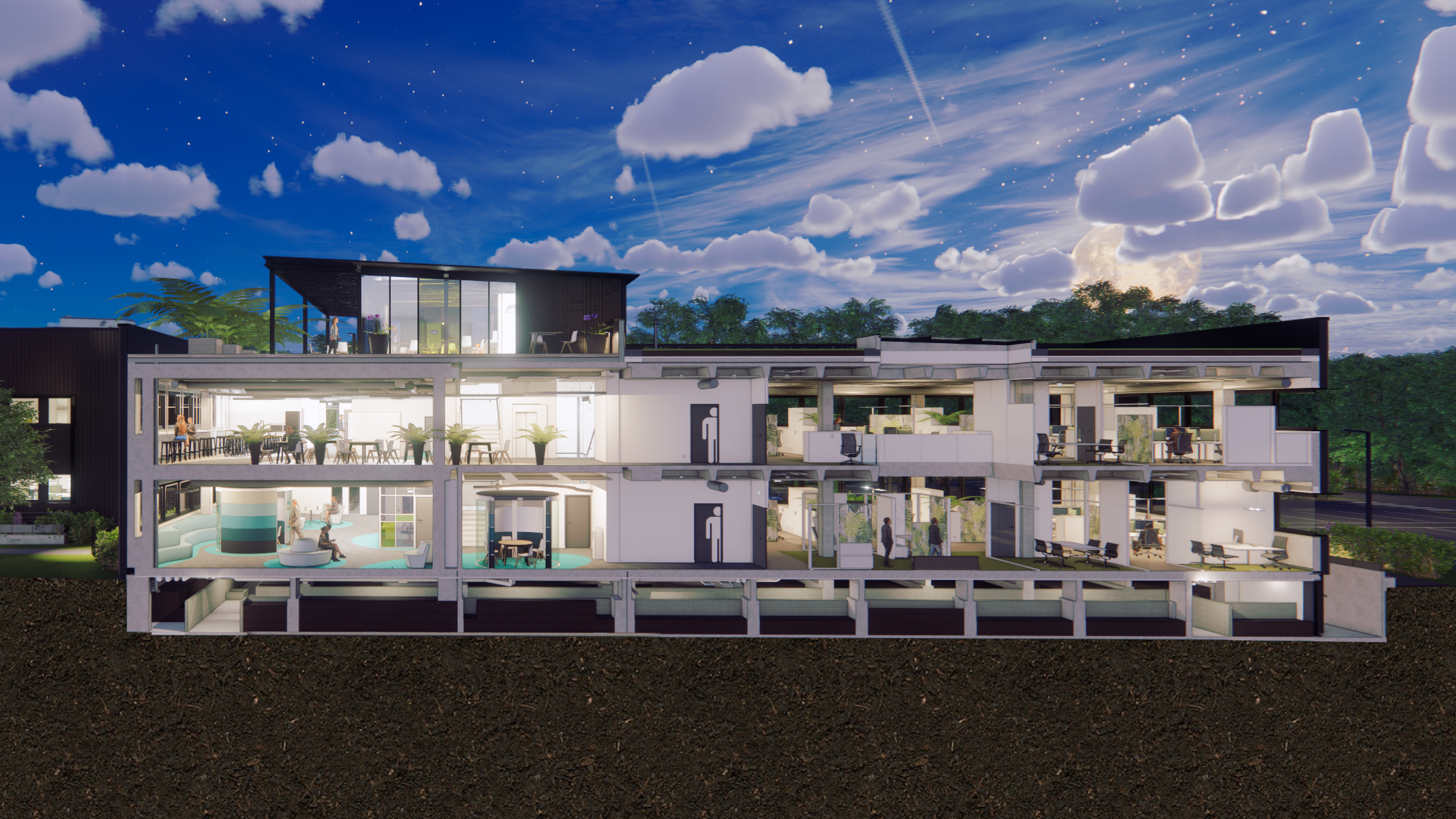 Coupe — Immeuble de bureaux (vue de nuit)